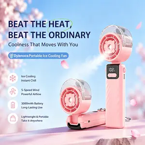 High-speed handheld misting fan, portable spray fan, compact personal device, rechargeable, powerful high speed, can produce water mist, equipped with a 3000 mAh battery, suitable for travel, indoor/outdoor use, and handheld operation.