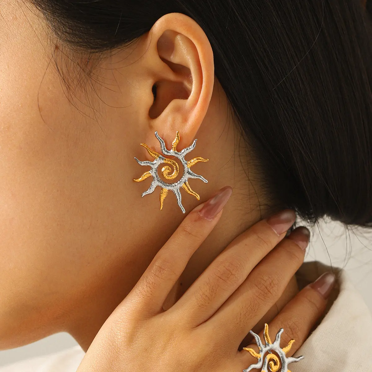 Minimalist Gold & Silver Sunburst Earrings, Titanium Steel Mixed Metal Studs with Organic Pearl, Quiet Luxury Jewelry, Euro Summer, Coastal Chic, Vacation Outfit Accessories
