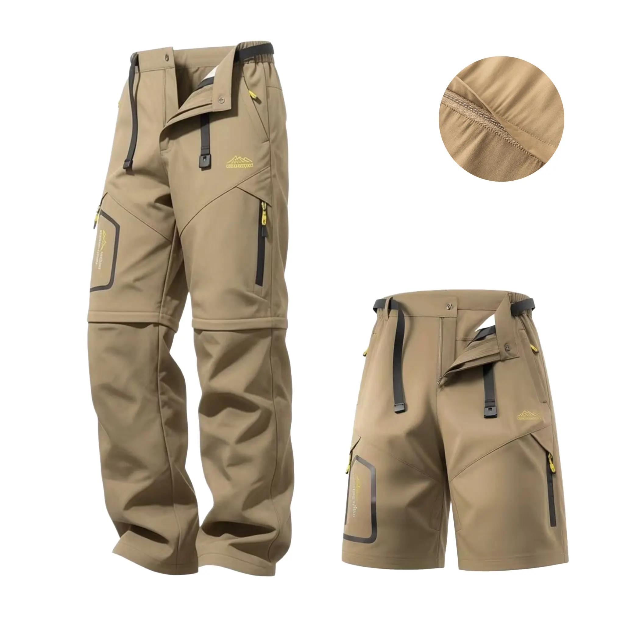Men’s detachable outdoor functional pants featuring a 2-in-1 design—one pair that can be worn as long pants or shorts—suitable for diverse needs, color-block styling, straight workwear cut, large capacity multi-pocket design, half elastic waistband plus a