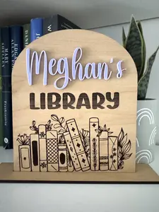 Personalized Wood Library Sign – Custom Bookshelf Decor with Acrylic Name