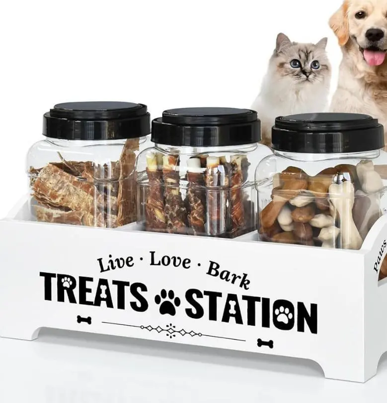 Dog Treat Station Organizer with 3 Airtight Jars, Wooden Pet Treat Storage Container for Dog & Cat Food, Countertop Treat Holder for Biscuits, Chews & Snacks