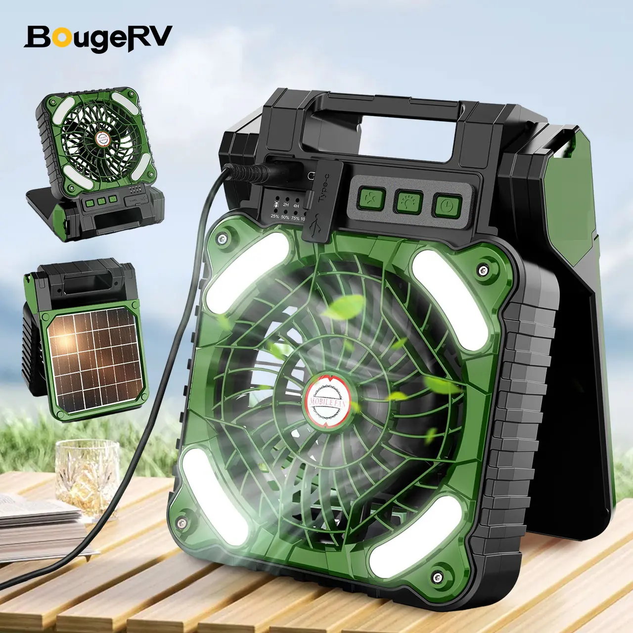BougeRV Solar Camping Fan,Portable Fan with LED Lights, USB&Solar Rechargeable Fan Portable 90° Rotation Tent Fan with Hook, Mobile Hanging Fans for Outdoor Travel Camping Fishing, Desk Cooling Fan, Portable LED Fan, Fan USB, Portable Fan
