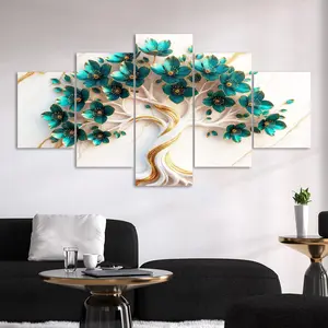 5 Counts Unframed Canvas Poster, Teal Gold Flower Tree Marble Background, Exquisite Poster, Perfect Living Room Decoration, Modern Home Decoration, Modern Art, Fashion Family Poster, Wall Art Decoration, Odorless, Waterproof, Artwork
