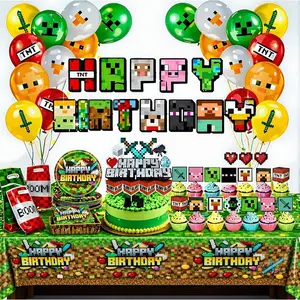 Pixel Game Birthday Party Decorations - Miner Supplies Set Gaming Theme - Including Banner Balloons Tablecloth Plates Toppers Napkins Favor Bags - Mining Bday Pack Craft Decor Kit Boys Girls