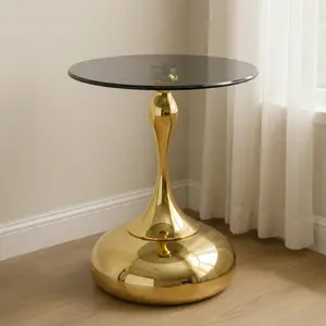 Small Round Side Table – Tempered Glass Top, Gold Metal Frame. Perfect for Small Spaces, Living Room, Bedroom or Office. Cocktail Table, End Table. Easy Assembly