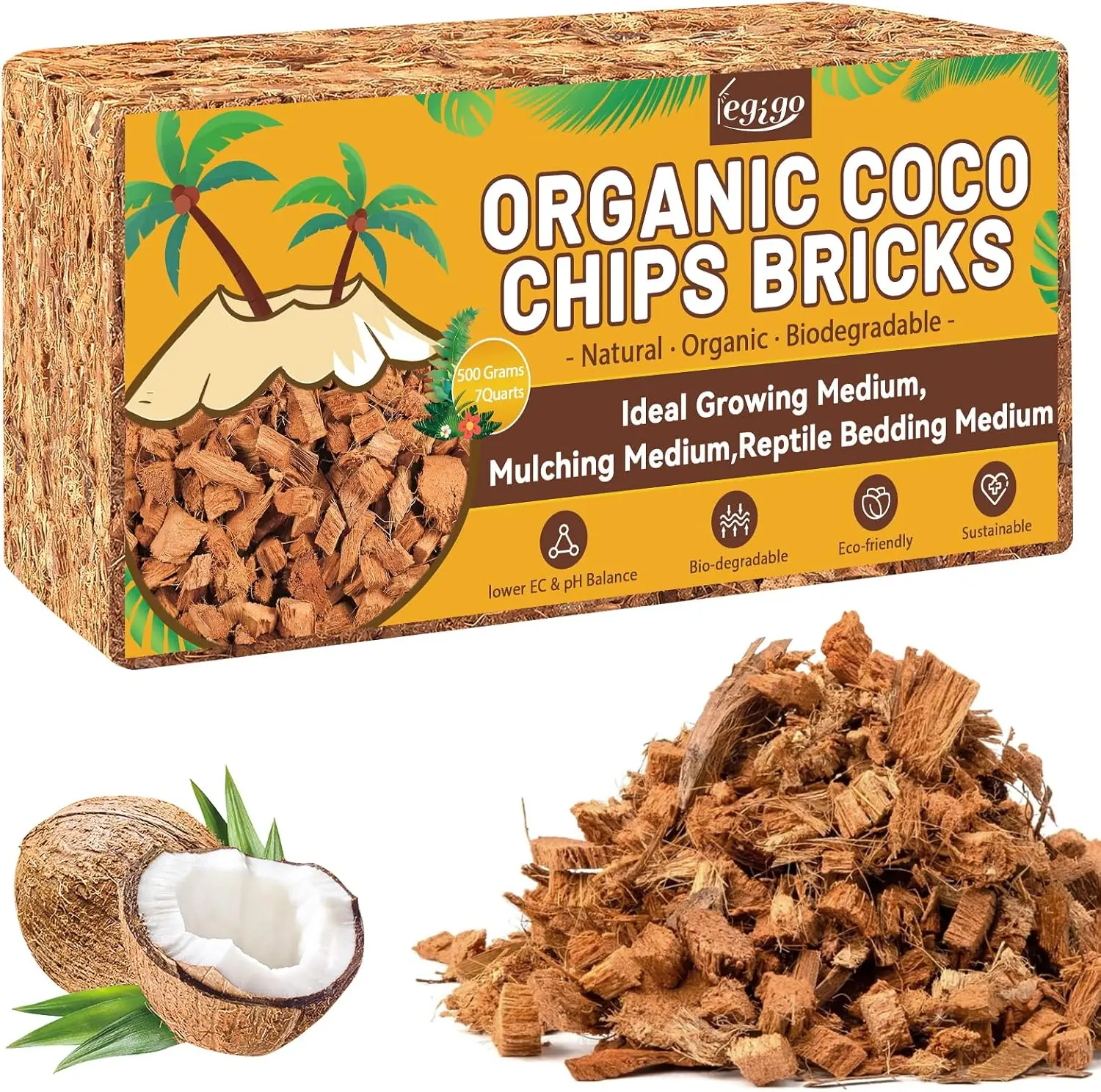 Legigo 1-Pack 1.1 LB Organic Coco Coir Chips Brick - 100% Low EC, pH-Balanced Potting Mix with Aeration, Moisture Hold, Root Support, Natural Fiber Coconut Husk Substrate for Orchids, Orchid Bark Soils, Mulches & Planting Media