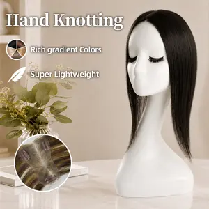 EC 27g Ultra Light Hair Topper | Free Parting No Glue No Sew | 14 inch Hand Knotting Breathable Lace Base for Thinning Hair | Glueless Grey Coverage & Instant Volume Realistic Hairpiece for Daily Wear