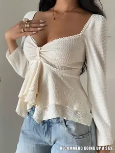 Women's Deep V Neck Ruched Long Sleeve Fitted Top, Casual Wave Hem Blouse, Perfect for Daily Wear & Dates, Versatile Fashion Piece, Feminine Womenswear