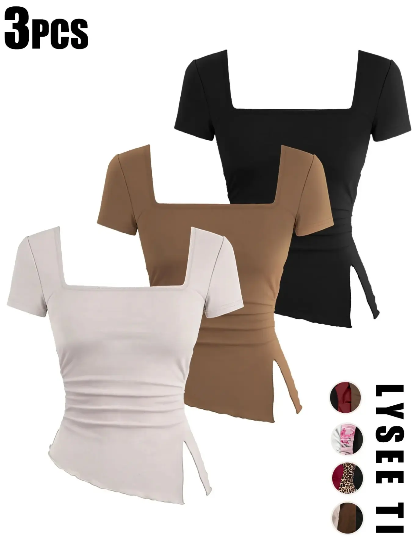 3pcs Square Neck Short Sleeve Women's Casual Basic Minimalist T-Shirt with Ruching Design and Side Slits, Slim Fit Top for Spring Everyday Versatility