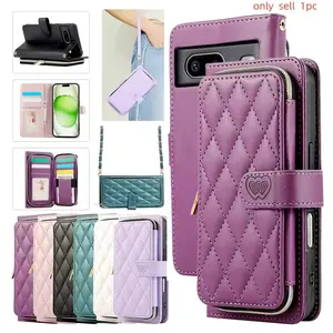Crossbody Leather Case for Google Pixel 9Pro 6 7 8 9 6A 7A 8A 9Pro XL Zipper Wallet Case Phone Cover Cards Bag Lanyard Strap