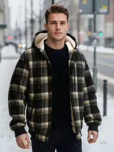 Men's Winter Warmth Essential! Thick Windproof Hooded Plaid Jacket, Fashion Casual Versatile, Long Sleeve Checked Design, Fall & Winter