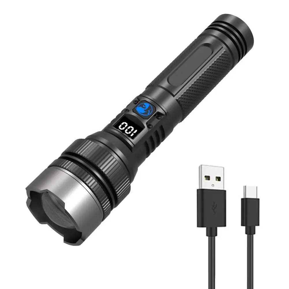 2-in-1 Portable Camping Zoomable LED Flashlight Power Bank with Digital Screen, Rechargeable Light, Adjustable Brightness, High-Performance Outdoor Emergency Accessory