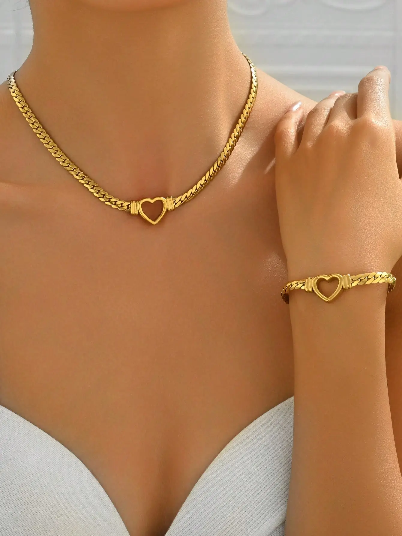 Heart Chain Necklace & Bracelet Set