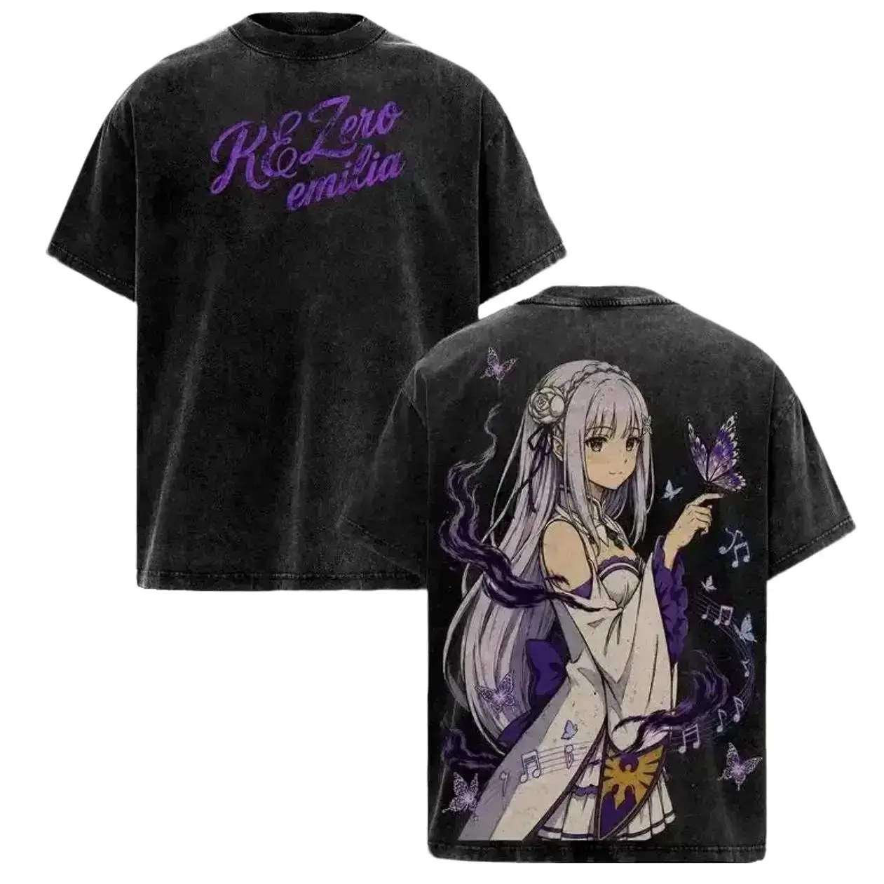 Mens Oversized Vintage Washed Heavy Cotton Anime Graphic T-Shirt Re:Zero Emilia Butterfly Back Print Short Sleeve Tee for Streetwear Harajuku Japanese Y2K Fashion Lovers Casual Summer Top Otaku Cosplay Merch Trendy TikTok Clothing Gym Workout Top 2026