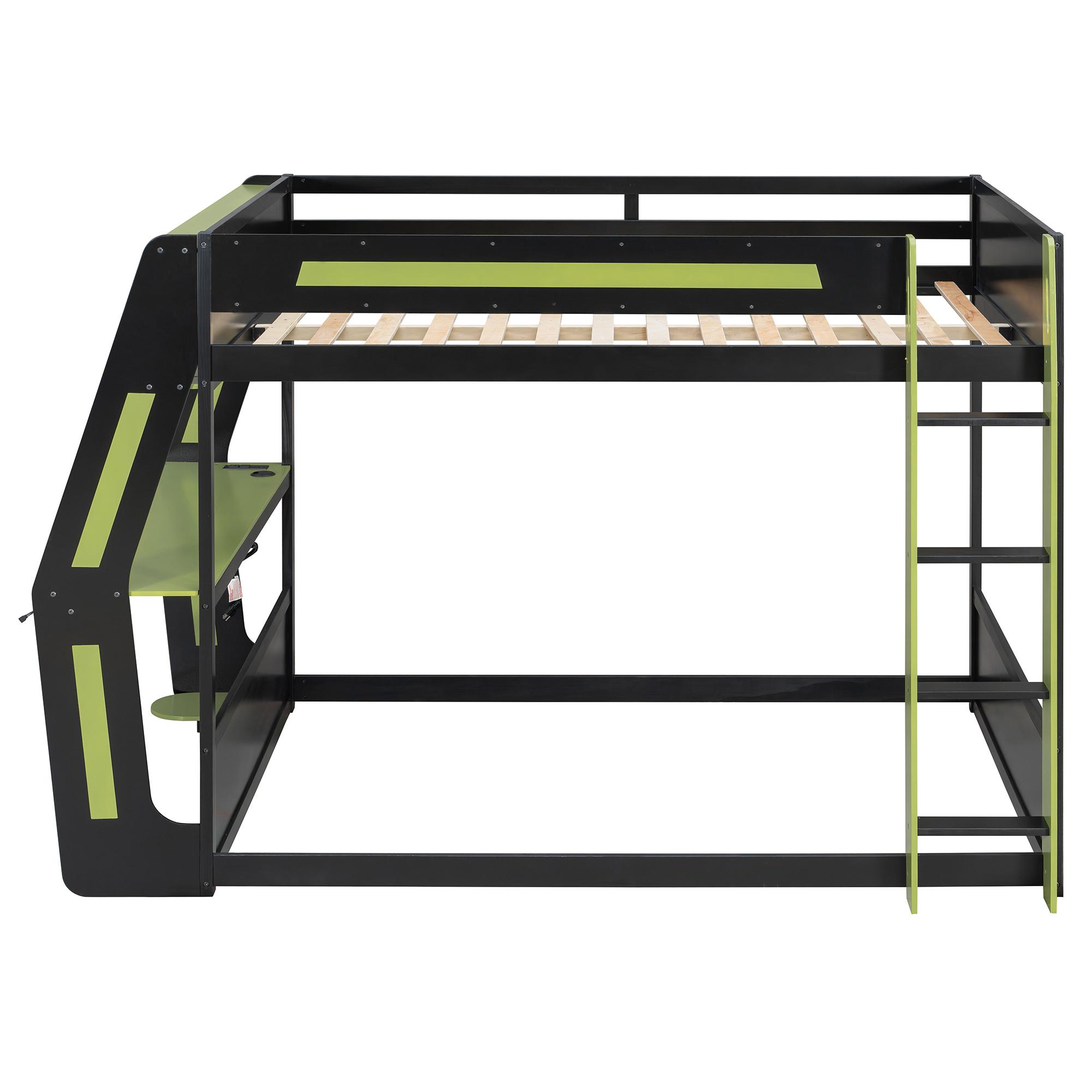 Full Size Gaming Bunk Bed Frame with Side-Mounted Oversized RGB Desk, Wood Bunk Bed Frame with USB Charging Ports & Cable Grommet, Heavy-Duty Esports Gaming Loft Frame (Green, Full)