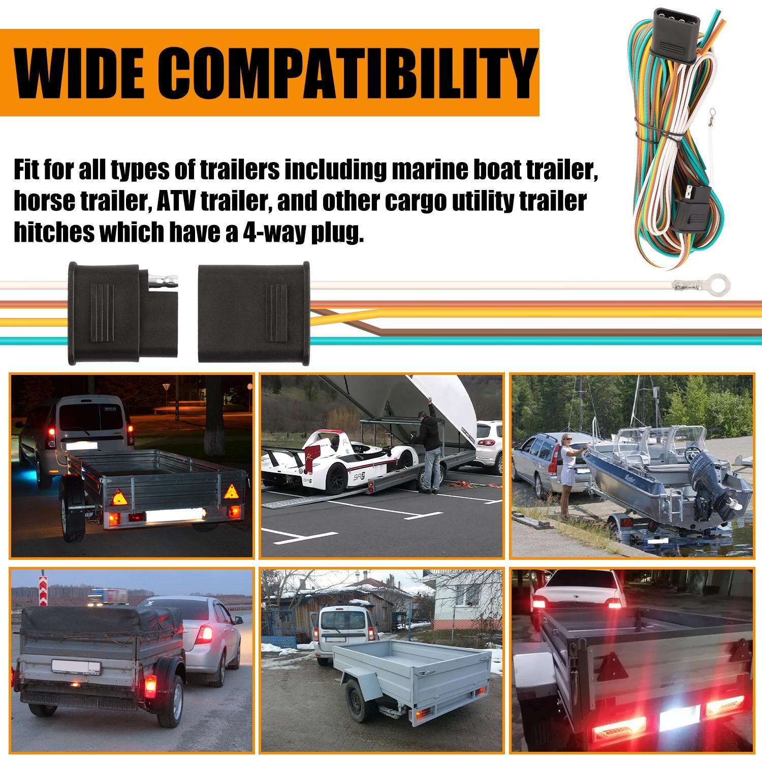 25FT 4 Pin Flat Trailer Wiring Harness Kit | Wishbone Style 4-Way Trailer Light Harness for Tail Lights | Plug & Play for Utility Boat Trailer | LED Compatible