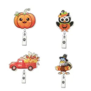 Cute Pumpkin Themed Badge Holder, 1 Count Retractable Badge Reel, ID Card Badge Holder for Students, Office Staff, Doctors, Nurses, Teachers, Halloween, Acrylics
