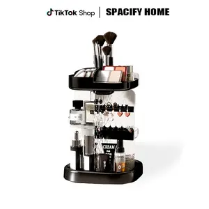 SPACIFY HOME 360° Spinning Vanity Makeup Organizer - Adjustable Tiered Storage with Brush Holder, Ideal for Cosmetics, Skincare, Perfume & Jewelry