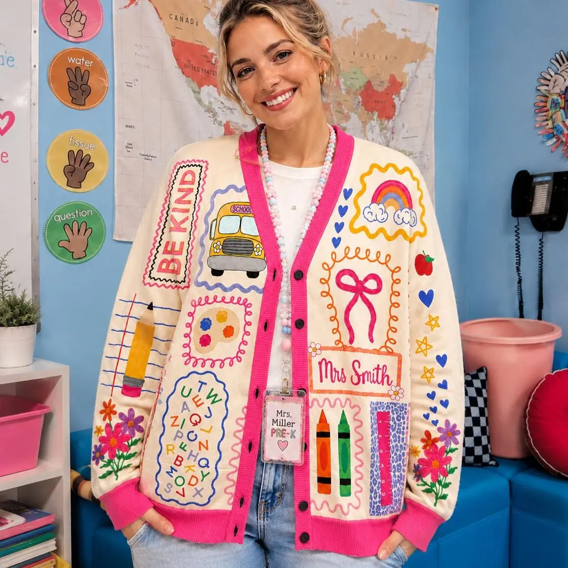 Personalized Teacher Name Cardigan, Custom Mrs Name Sweater, Kindergarten Teacher Gift, School Icons Knit Cardigan