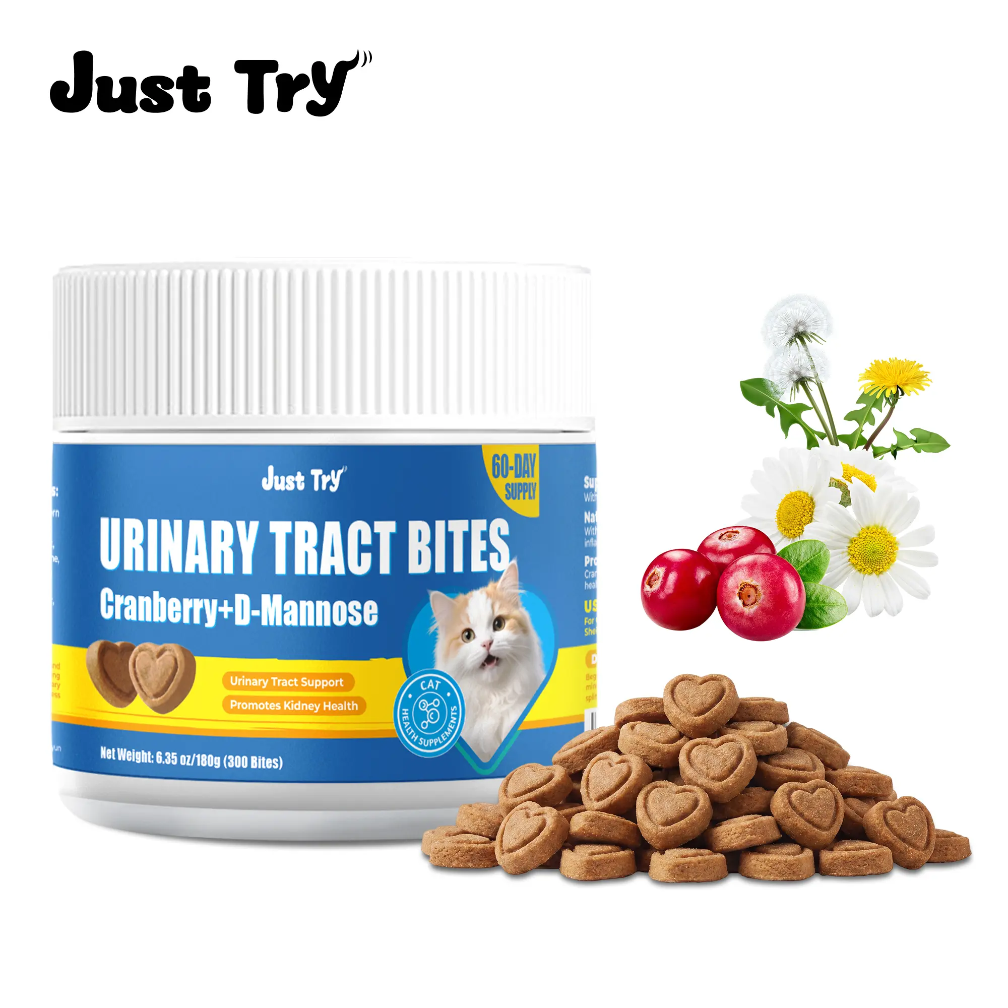 Just Try 300-Count Cat Urinary Tract Bites with Cranberry, D-Mannose, Dandelion & Chamomile , Chicken Flavor