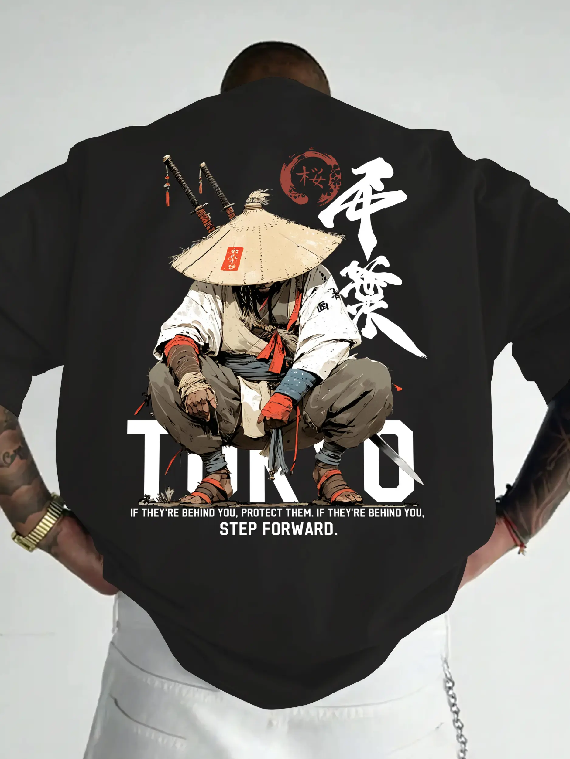 Men's Unisex Fit Cotton Short-Sleeve Round Neck Streetwear Tee - Japanese Ronin Warrior Graphic, Large Print Motivational Quote Back, Vintage Ink Style