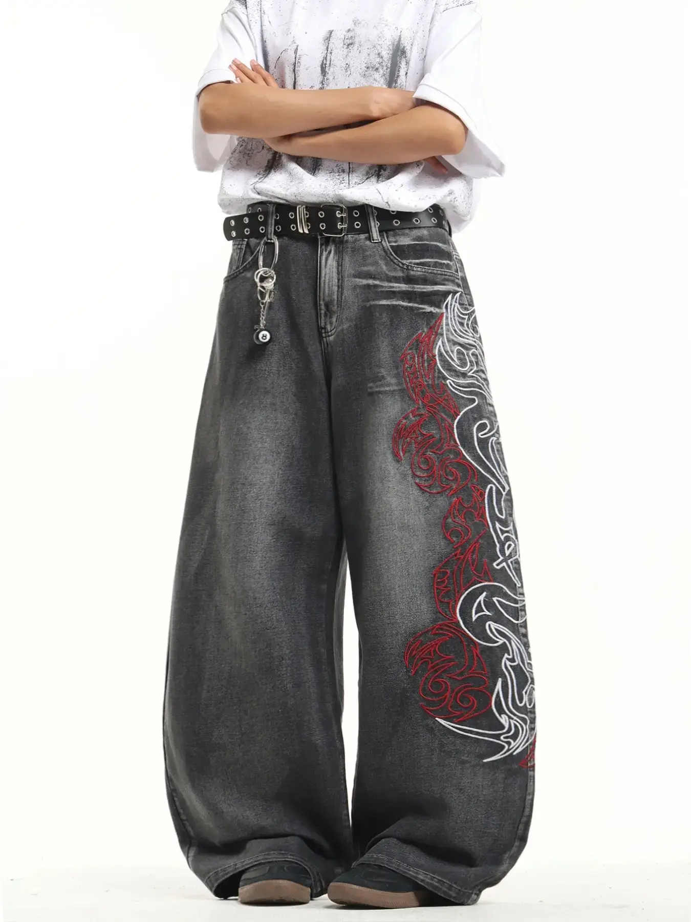 Men's Vintage Washed Denim Jeans, Street Style Loose Fit Baggy Embroidered Design, All Season Casual Pants, No Belt Included, Streetwear