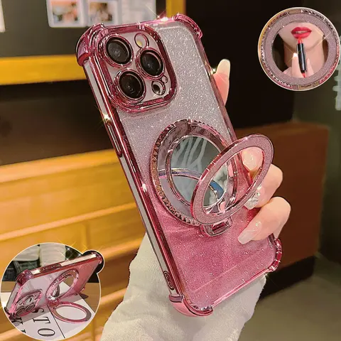 Phone Case with Magnetic Ring Stand, Glitter Decor Phone Protective Cover, Phone Accessory Compatible With iPhone 15 14 13 12 11 Pro Max