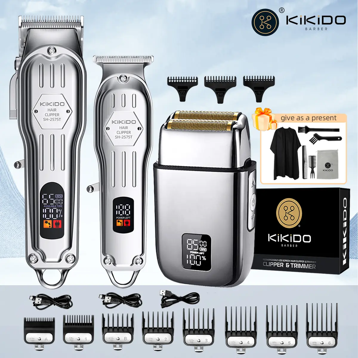 KiKiDO Rechargeable Hair Clipper Set for Men - Cordless Professional Barber Trimmer with LCD Display, Foil Shaver, Adjust Guards