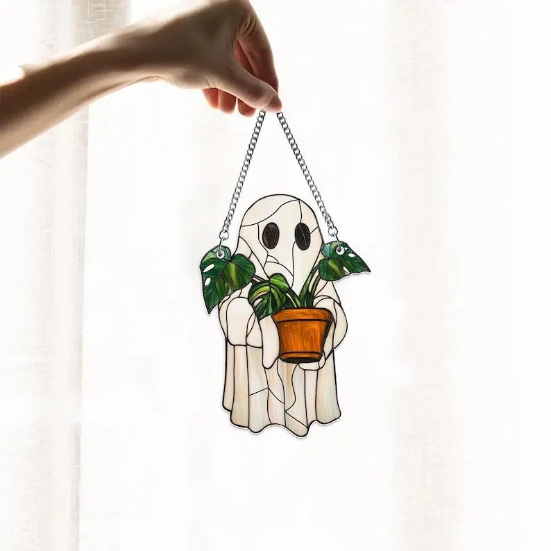 ACRYLIC Cute Ghost Plant Suncatcher, Ghost and Monstera Acrylic Ornament, Halloween Ghost Window Hangings, Plant Lovers Gift, Gift For Mom