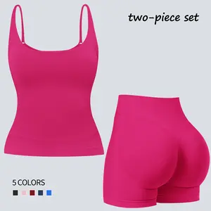 Jetjoy Workout Sets for Women 2 Piece  - Seamless Longline Halter Backless Crop Top Scrunch Bum Shorts Gym Outfit with Adjustable Straps athleisure Fitness & Casual Wear Yoga Outfits Workout Tracksuits summeroutfit
