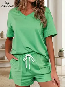 Women's Mint Green V Neck Drop Shoulder Tees Patchwork Drawstring Shorts Sets Summer Beach Outfits Casual Work Outfits Fashion Styling Loungewear Two Piece Tracksuits Relaxed Fitting Clothes Daily Wear Suits