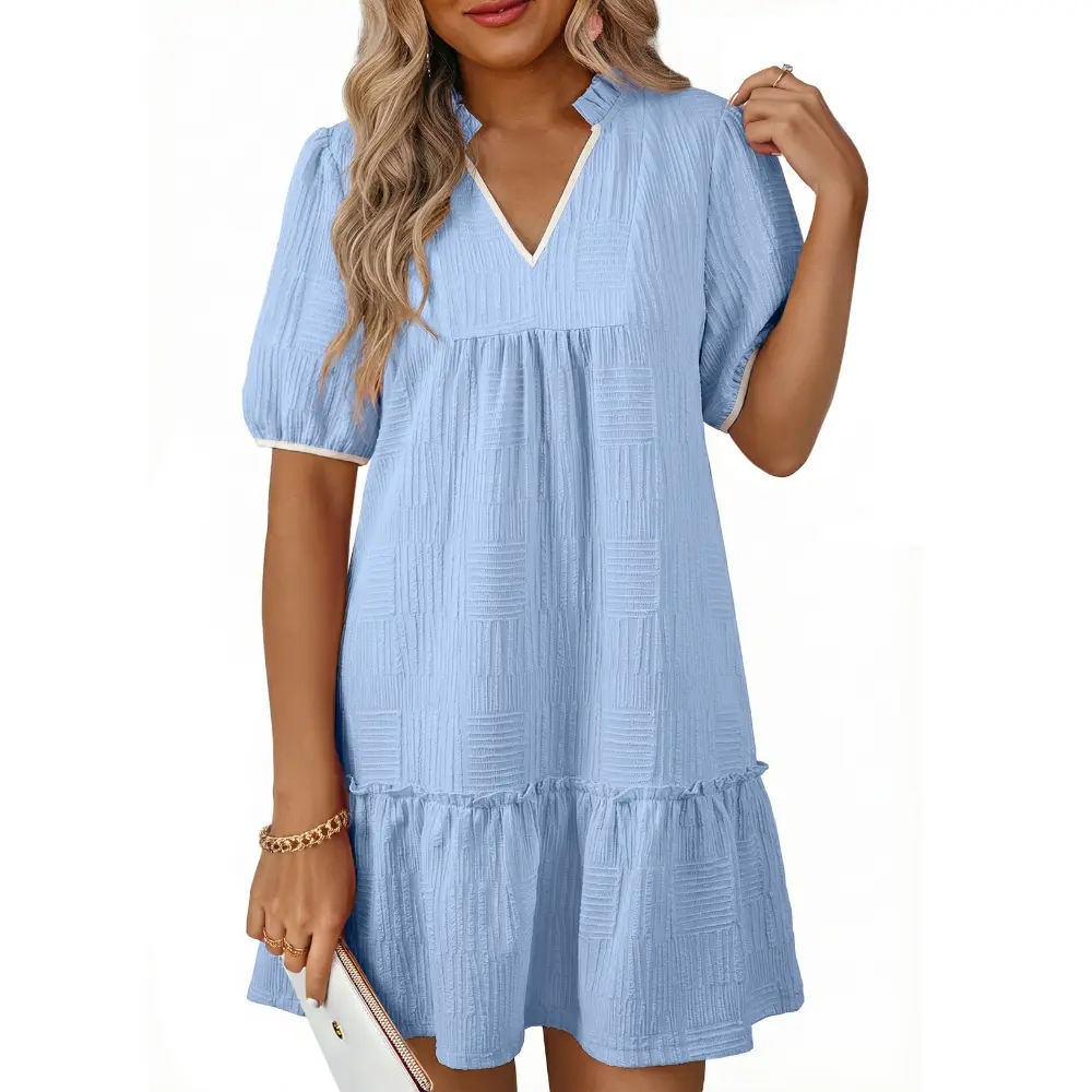 DOKOTOO Summer Dresses for Women Casual V Neck Puff Short Sleeve Ruffled Solid Cute Babydoll Mini Dress with Pockets