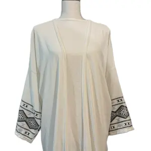 White Open Abaya/Cardigan with Black Printed Sleeve Detail - Lightweight Flowy Modest Fit for Everyday Wear