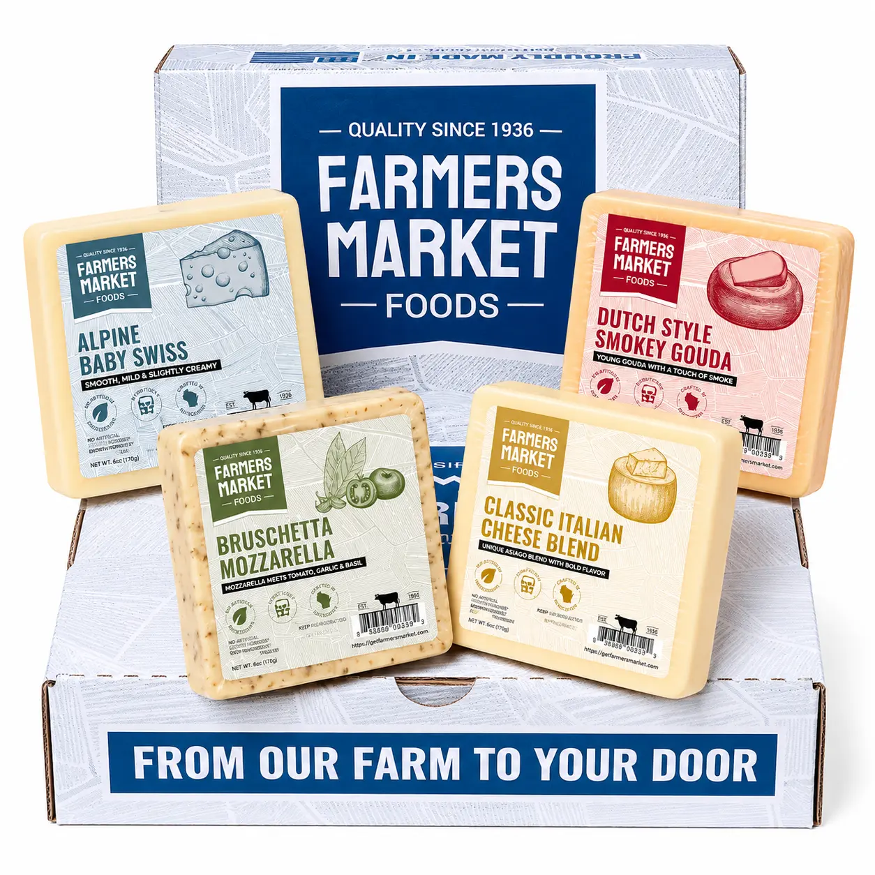 Farmers Market Foods Cheese Block Assortment Gift Box - 4-Pack 6oz Dairy Goodies with Baking Use, No Added Sugar, Natural Ingredients, Everyday Snacking & Family Gathering Pairings/Ideas