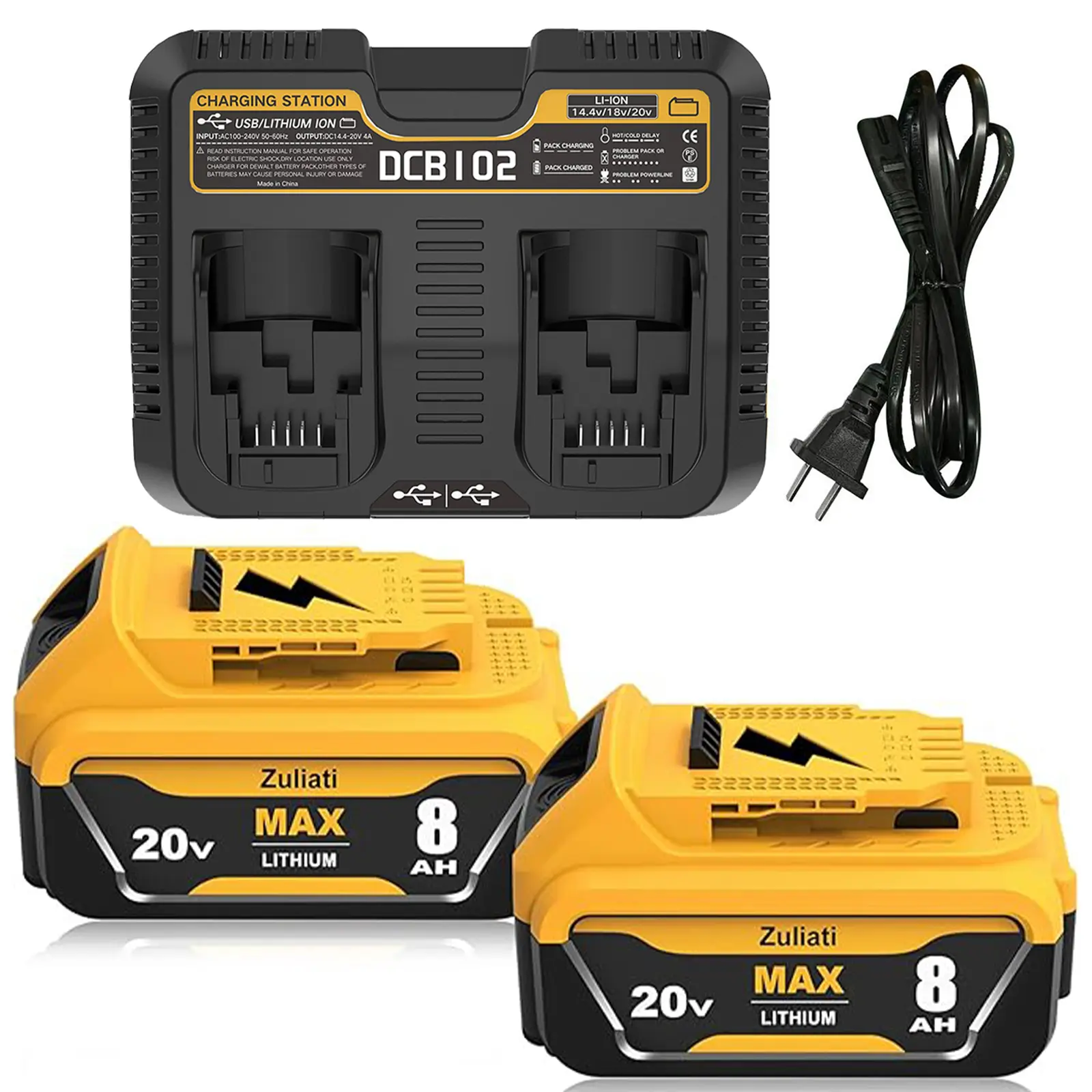 8.0Ah Replacement for Dewalt 20V Battery and DCB102 2-Ports Battery Charger Compatible with Dewalt 20V Max Battery DCB200 DCB204 toolupgrade