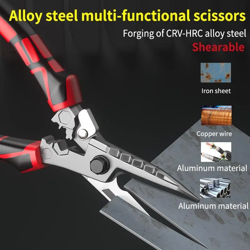 Multi-Functional Rubber-Grip Electrician Scissors - Serrated Edge Dual Blade Tool with Crimping, Wire Cutting, Wrench Functions, Ideal for Toolbox, Workshop Use as Metal Cutter Scissors