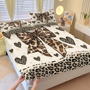 3-Piece Leopard Print Bow Fitted Sheet Set, 1 Fitted Sheet + 2 Pillowcases, Soft Comfortable Breathable Fabric, Deep Pocket Non-Slip Mattress Cover, All Season Fashion Bedding for Women Teens Bedroom