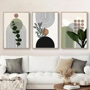 Bohemian Style Abstract Wall Art Set, Modern Abstract Design, Plant Leaf Pattern & Sun Lines Canvas Print, Unframed Living Room Decor, Modern Home Decoration