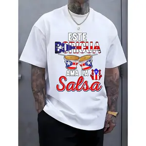 Puerto Rico Salsa Print Men'S Top | Casual Short Sleeve Round Neck T-Shirt, Suitable for Summer and Spring, Men'S Summer Outdoor Clothing, Slight Stretch Fabric, Heat Transfer Printing