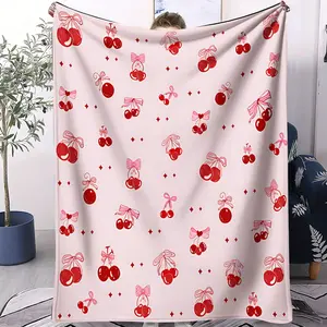 1-Piece Set of Red Cherry Bow Flannel Fleece Blanket, Cute Cartoon Beige Bow Princess Bow Tie Sweet Tropical Fruit Ultra-Soft Bed Blanket, Double-Size Ultra-Soft Bedding