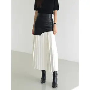 Asymmetric Patchwork Faux Leather Chiffon Pleated Maxi Skirt