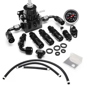 Fuel Pressure Regulator Kit with Bypass Return 0-100psi Pressure Gauge AN6-6AN Fuel Line Hose Fitting Connectors Adjustable Universal Aluminum (black)