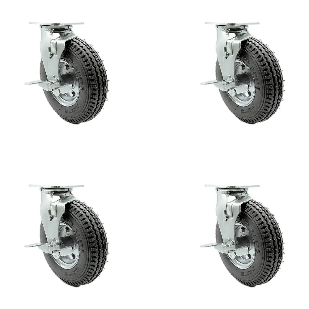 8 Inch Swivel Pneumatic Casters Set of 4 - Gray Rubber Wheels - Includes 4 Swivel with Top Lock Brakes and Bolt on Swivel Locks - Heavy Duty Casters - 1,200 lbs. Total Capacity - Service Caster Brand
