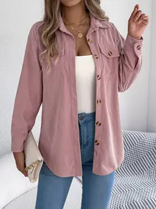 Women's Corduroy Button Front Jacket with Pockets 2026 Casual Vintage Style for Fall Winter Outfit Comfy Wear Long Sleeve Coats Outerwear Fitted Tops Khaki Black Red Pink Valentine's Day Womenswear
