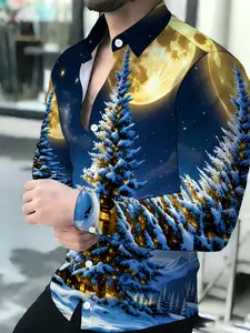 Men's Breathable Lapel Long Sleeve Cardigan Winter Night Christmas Tree Moon Print