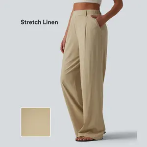 Halara High Waisted Straight Leg Casual Stretch Linen Pants with Pockets