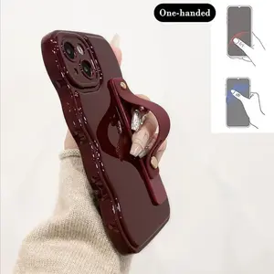 Phone Case-iPhone 17 Pro Max Case with Flexible Adjustable Soft Finger Wrist Strap Stand, Wavy Design & Wavy Frame Aesthetic Soft Cover, Wine Red/Black/White, Compatible with iPhone 17/16/15/14/13/12/11 Pro Max/Plus