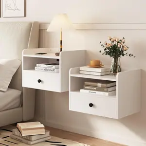 Floating Nightstand Set of 2 Modern Night Stands with Drawer and Open Shelf Cubby Small Bedside End Table with  Station Wall Mounted Nightstands Set 2 for Bedroom White