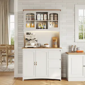 71" Tall Kitchen Pantry Cabinet with LED Lights & Charging Station, Kitchen Hutch Storage Cabinet with Countertop, 3 Drawers, 4 Doors, Adjustable Shelves for Dining Room ﻿