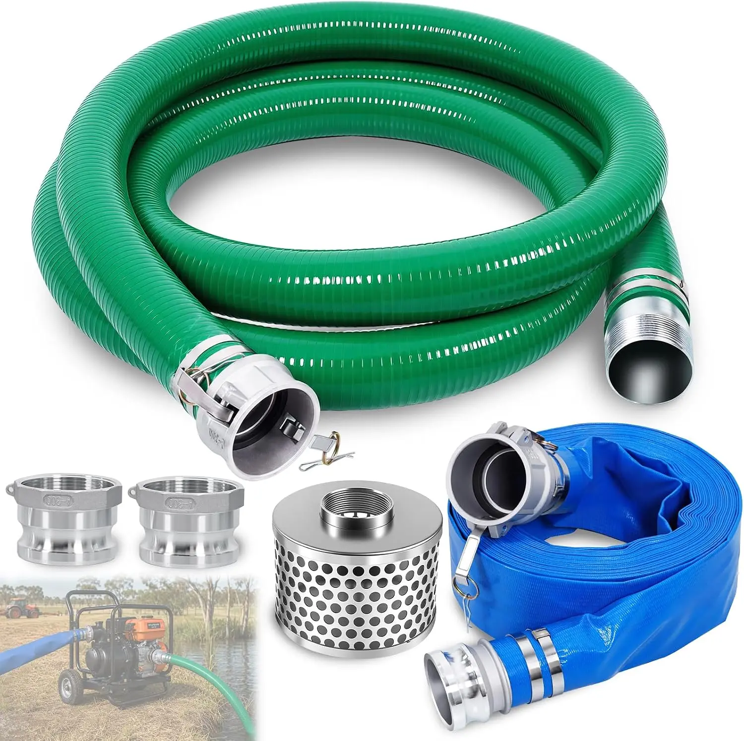 3 Inch Discharge Hose Pump Kit, Suction Hose Kit with Carbon Steel Filter | Discharge Hose Pump Kit, 20 ft Suction and 65 ft PVC Hose Water Pump Hose Kit for Drainage, Backwashing and Water Transfer